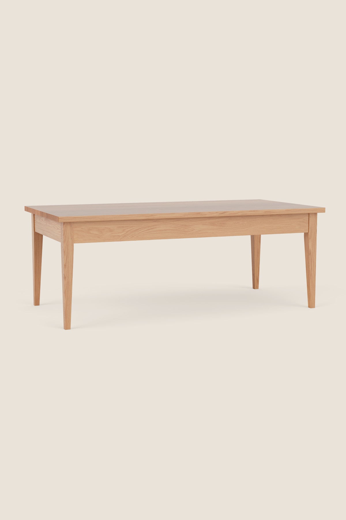 Simple Shaker style coffee table in white oak on beige background