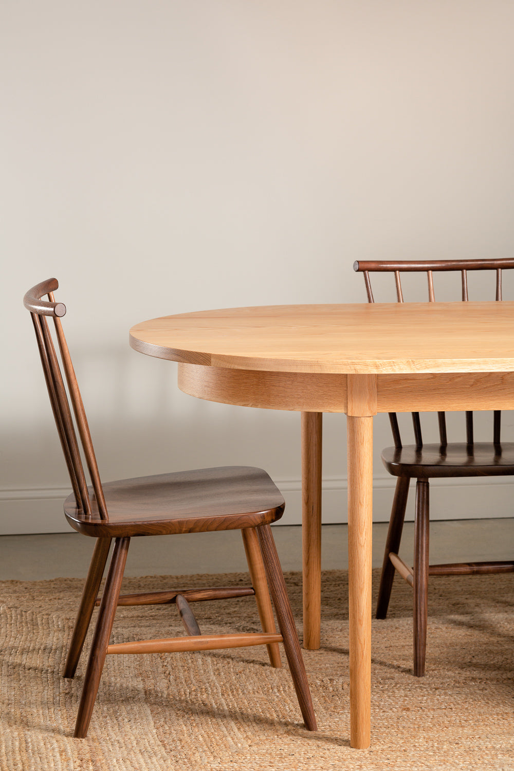 Walnut Concord chairs around the white oak Highland Table from Chilton Furniture Co.