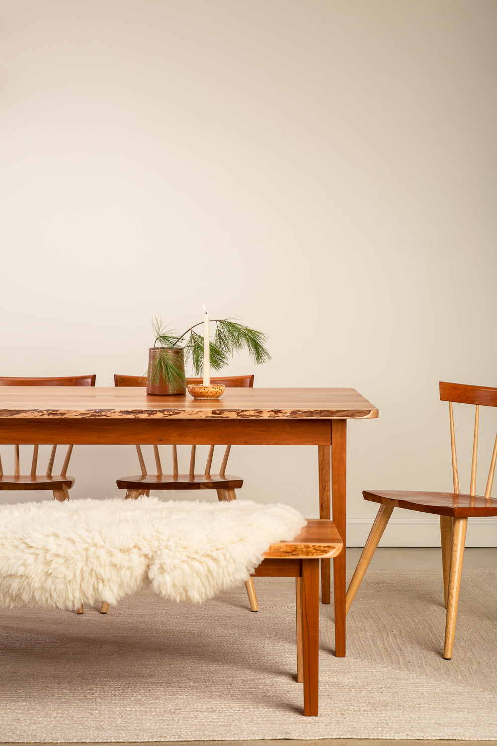 Windsor style Boston Chairs with Live edge Dining Table and bench in cherry with winter holiday styling