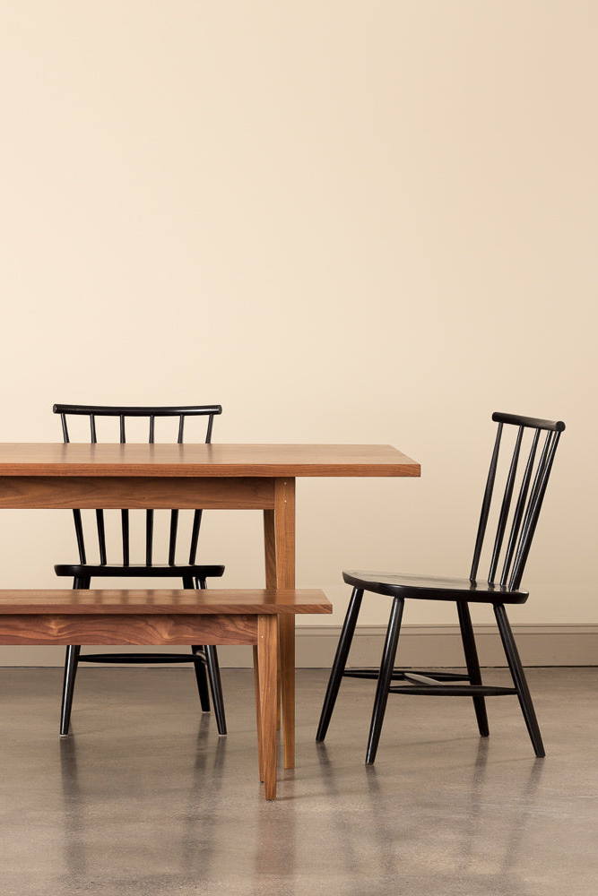 Walnut Shaker Heirloom Dining Table and Bench and black Concord Chairs from Chilton Furniture