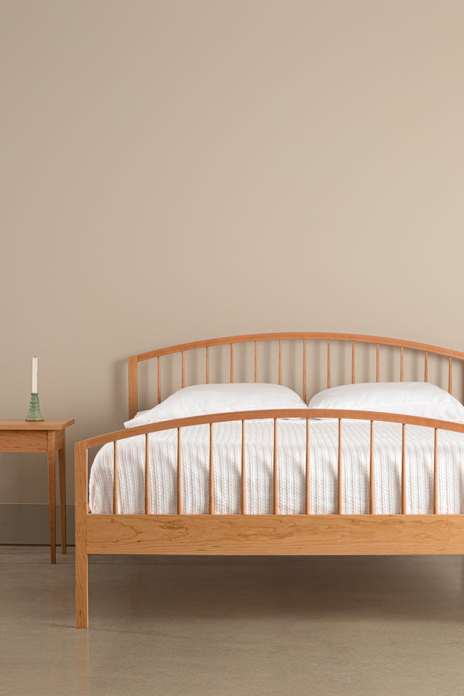Burnette Spindle Bed and Shaker Heirloom Side Tables in cherry from Chilton Furniture in Maine