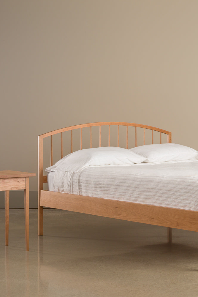 Burnette Spindle Bed and Shaker Heirloom Side Table in cherry from Chilton Furniture in Maine