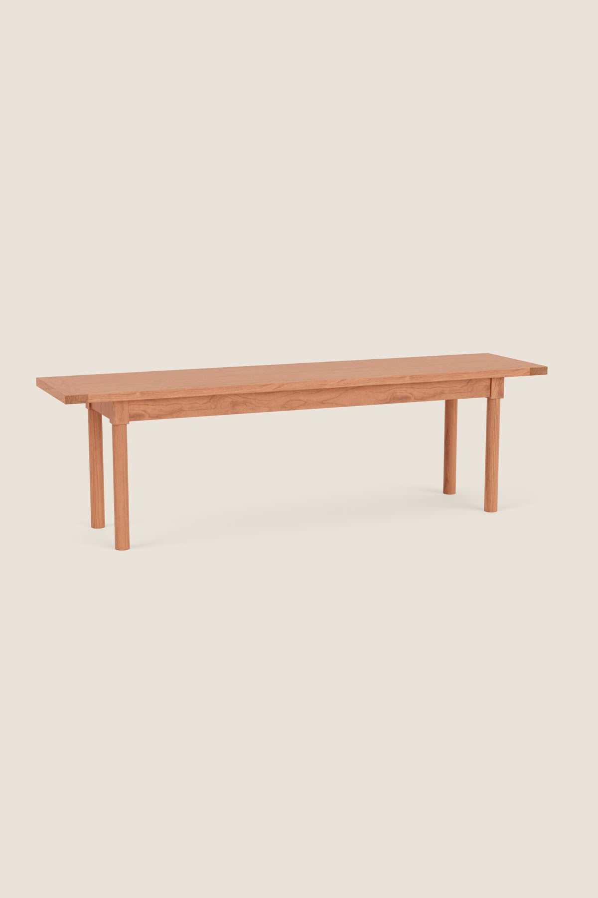 Modern Revelry bench with straight turned legs and breadboard ends, built in solid cherry