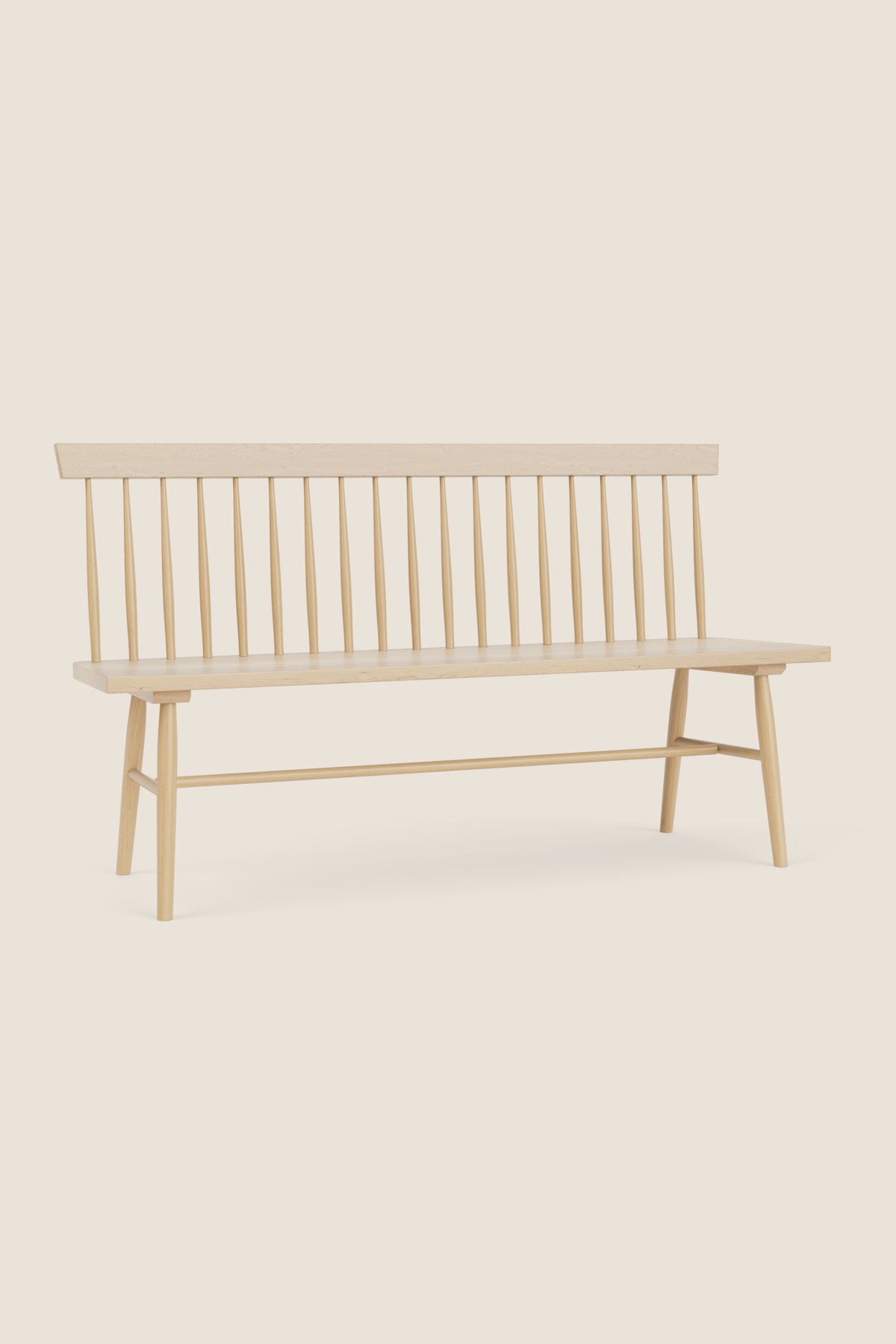 Traditional Shaker style spindle bench with back and angular lines in maple