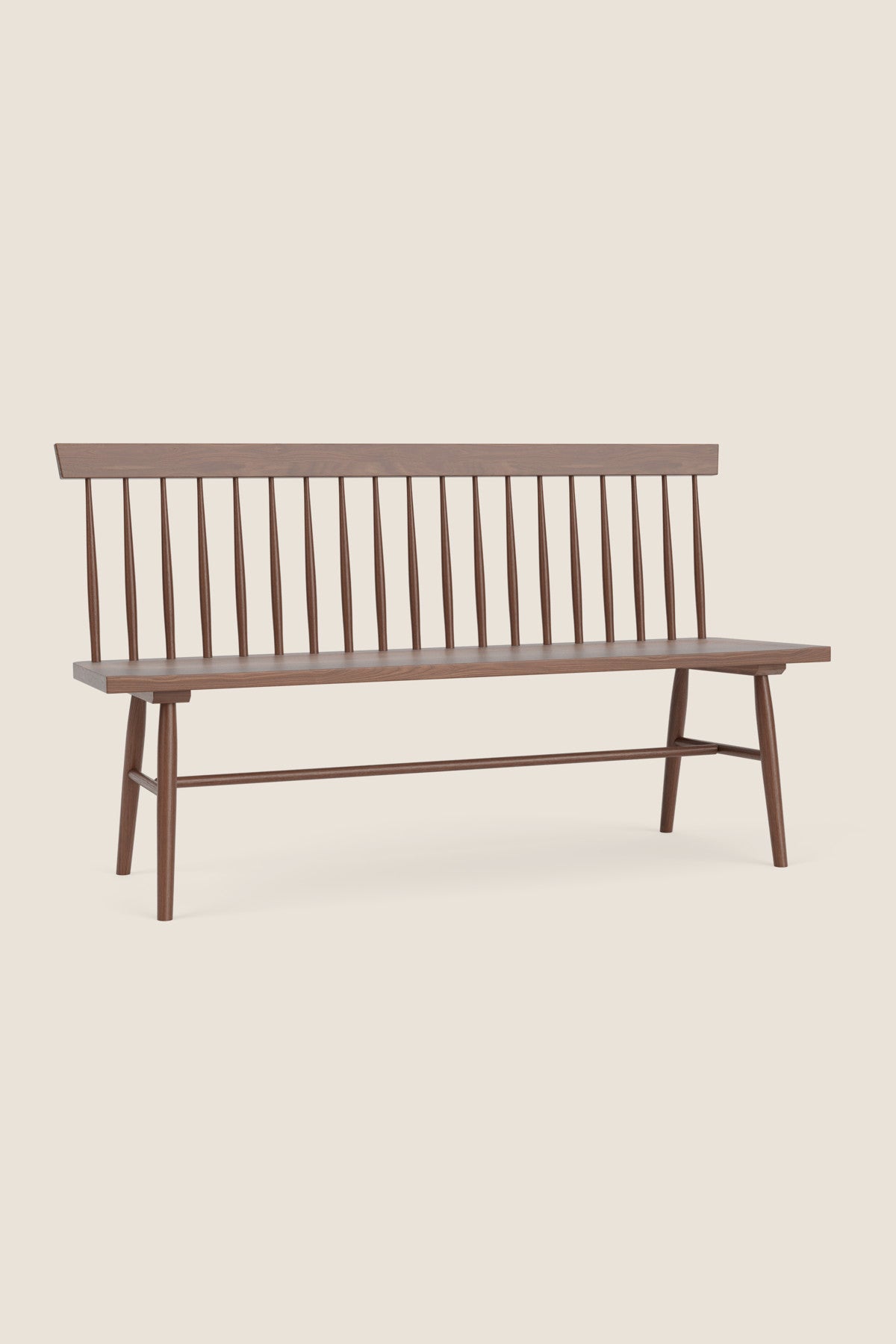 Traditional Shaker style spindle bench with back and angular lines in walnut