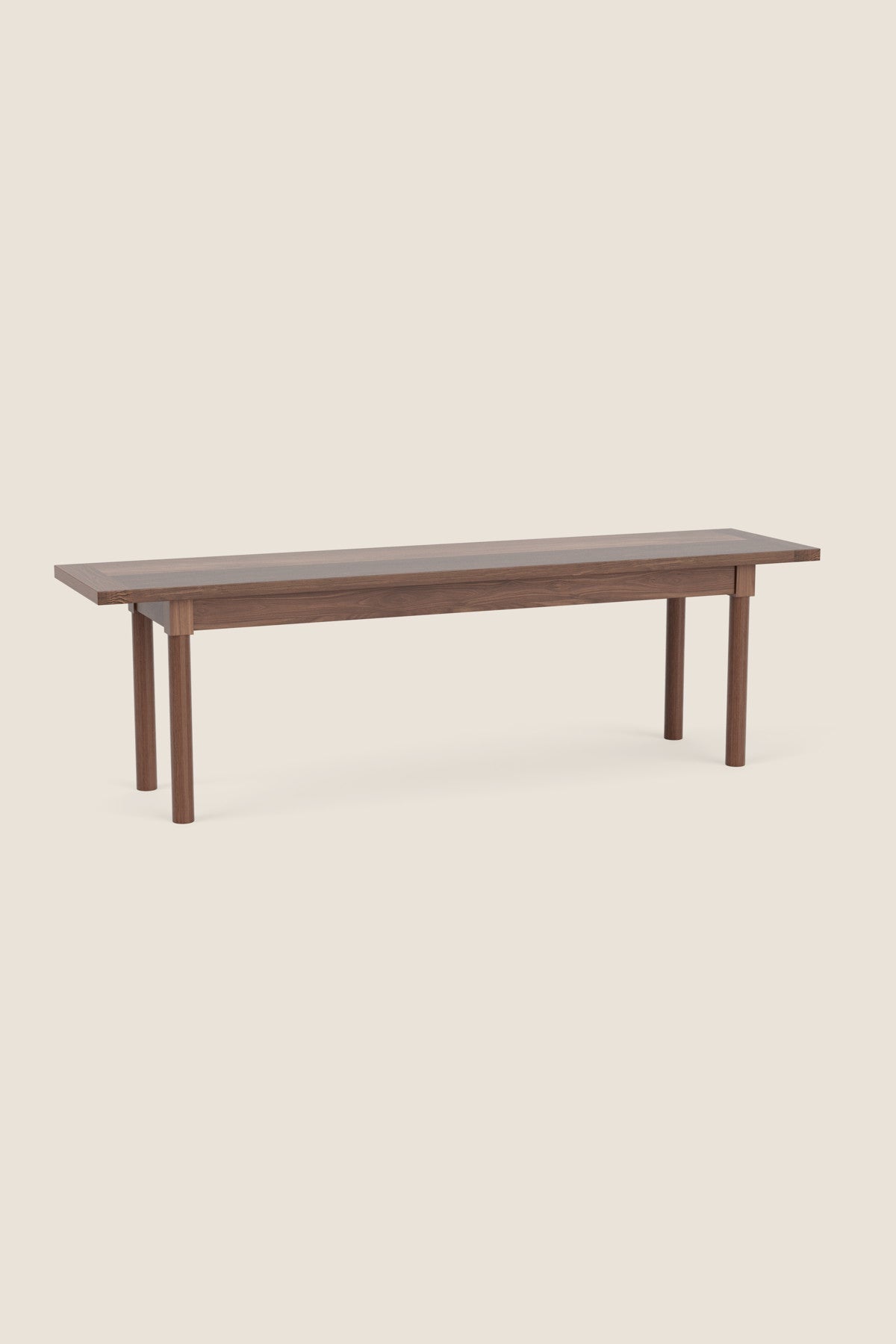 Modern Revelry bench with straight turned legs and breadboard ends, built in solid walnut