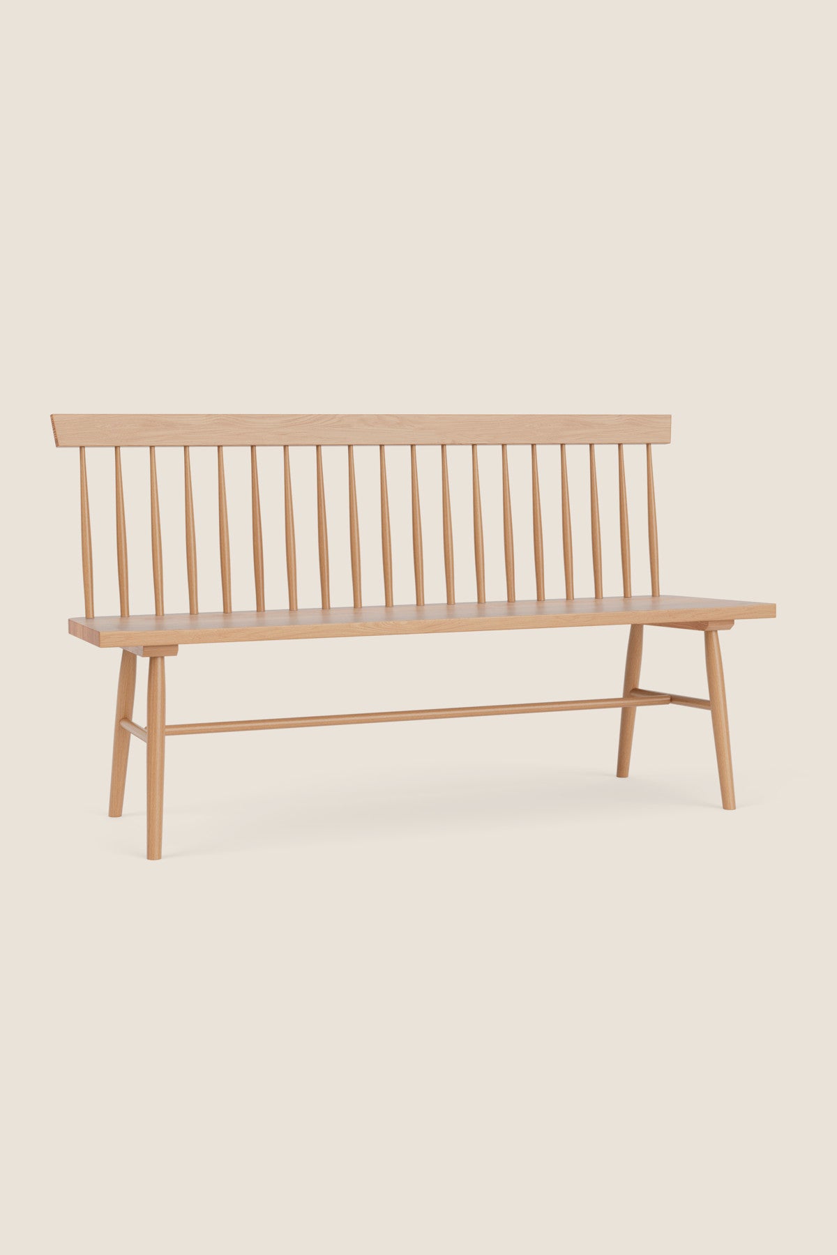 Traditional Shaker style spindle bench with back and angular lines in white oak