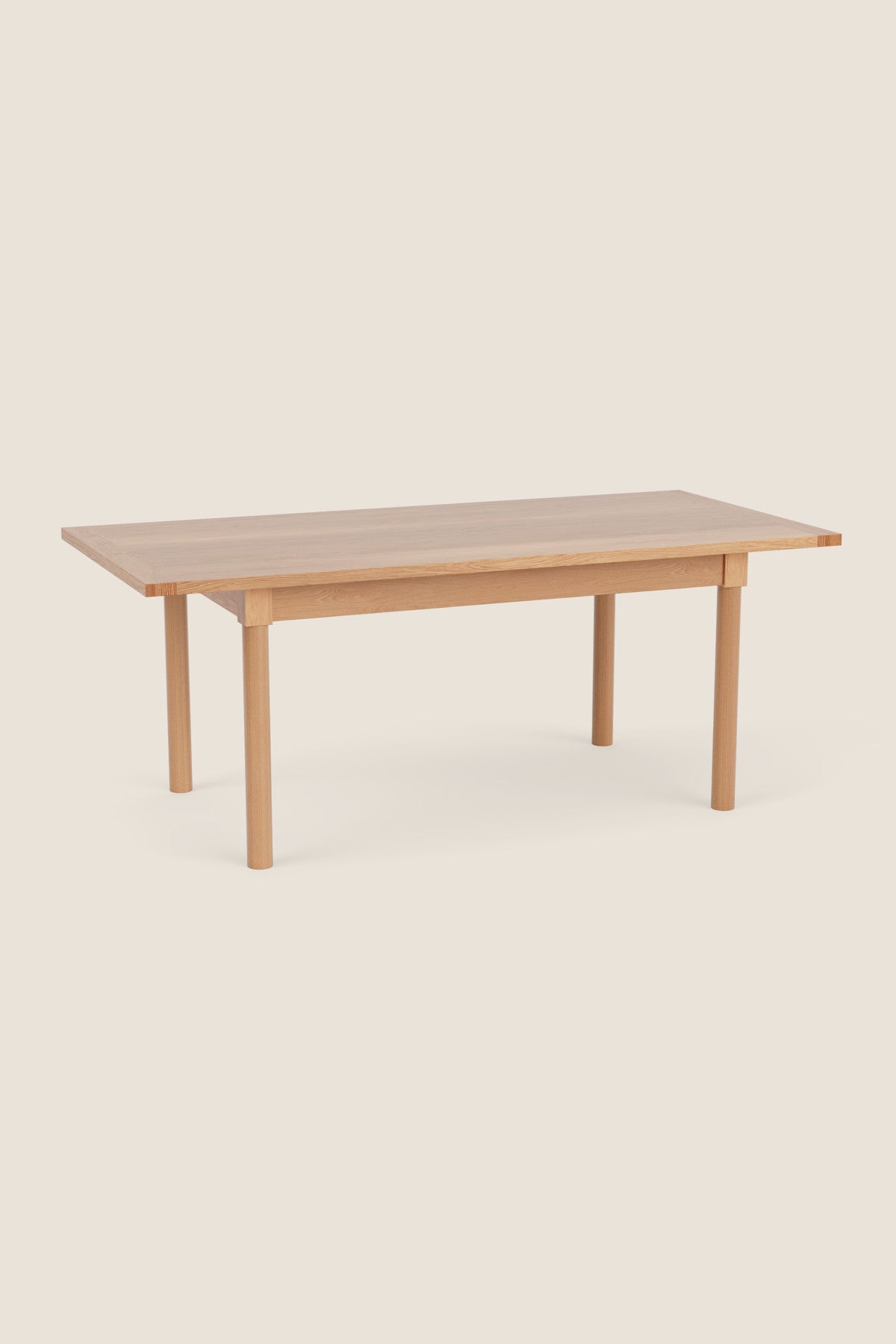 Modern Revelry dining table with straight turned legs and breadboard ends, built in solid white oak wood