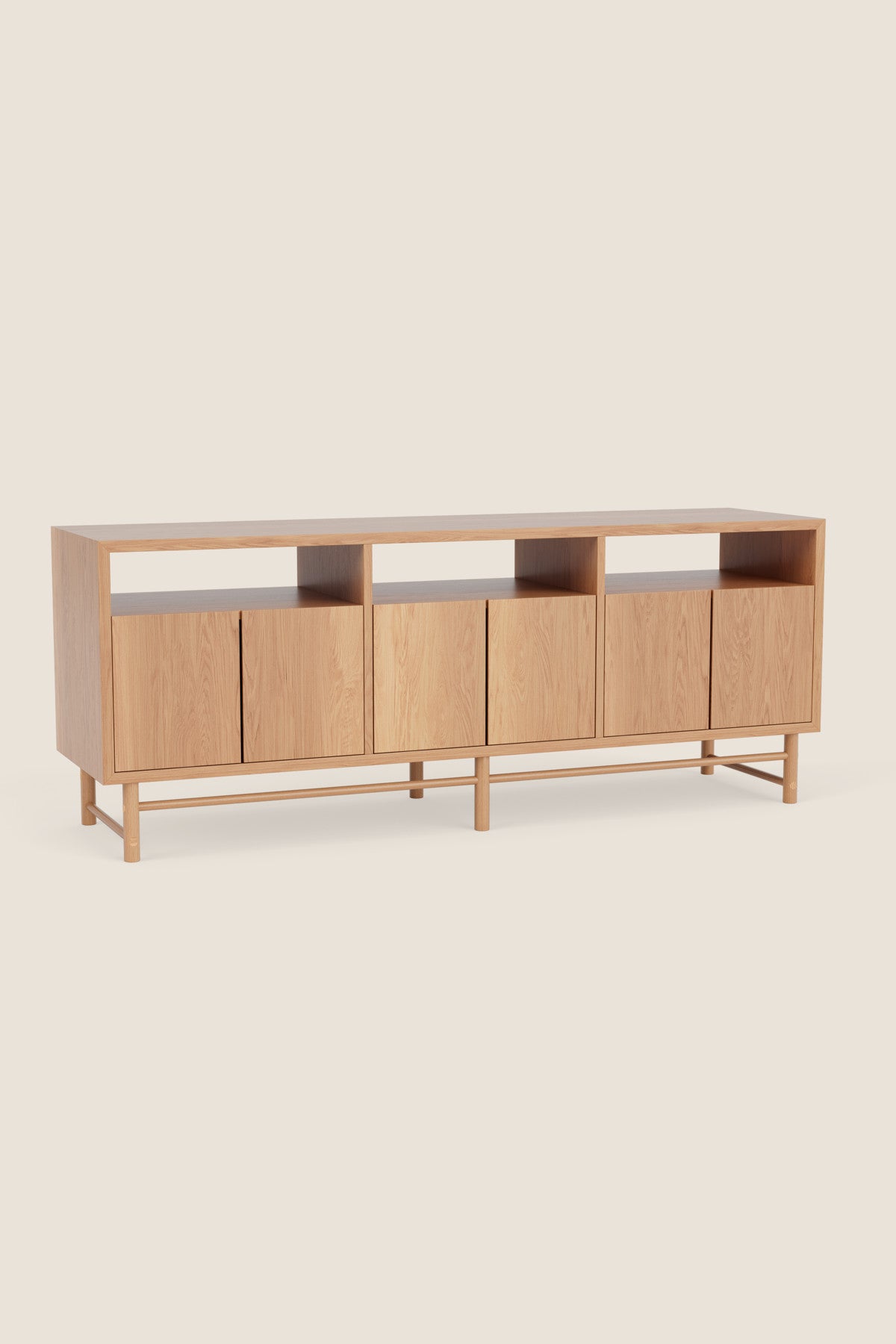 Mid-century modern Navarend media case in solid white oak wood with round legs and stretchers and six doors with storage space