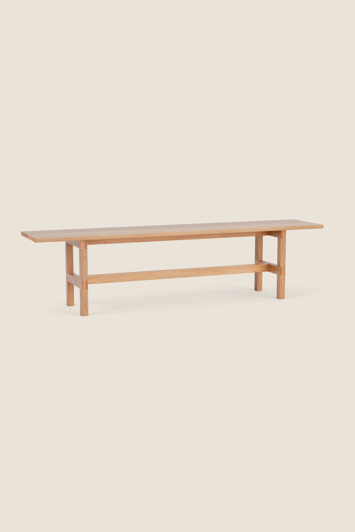 Modern trestle bench with visible joinery in white oak wood, from Maine's Chilton Furniture