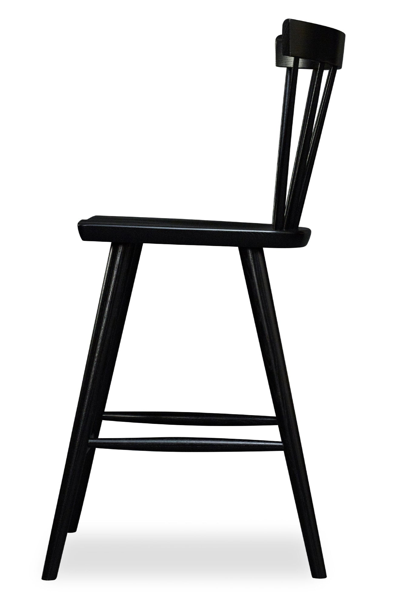 Modern Boston spindle stool with curved back in painted black wood viewed from the side