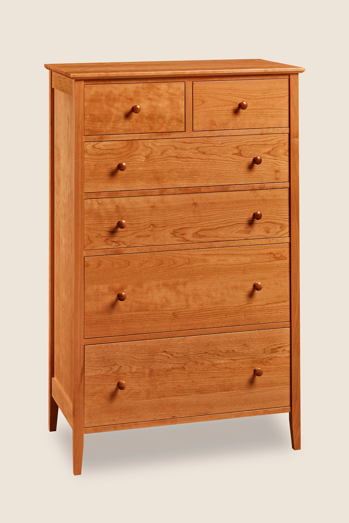 Shaker style, cherry wood graduated six-drawer bedroom storage chest from Maine's Chilton Furniture Co.