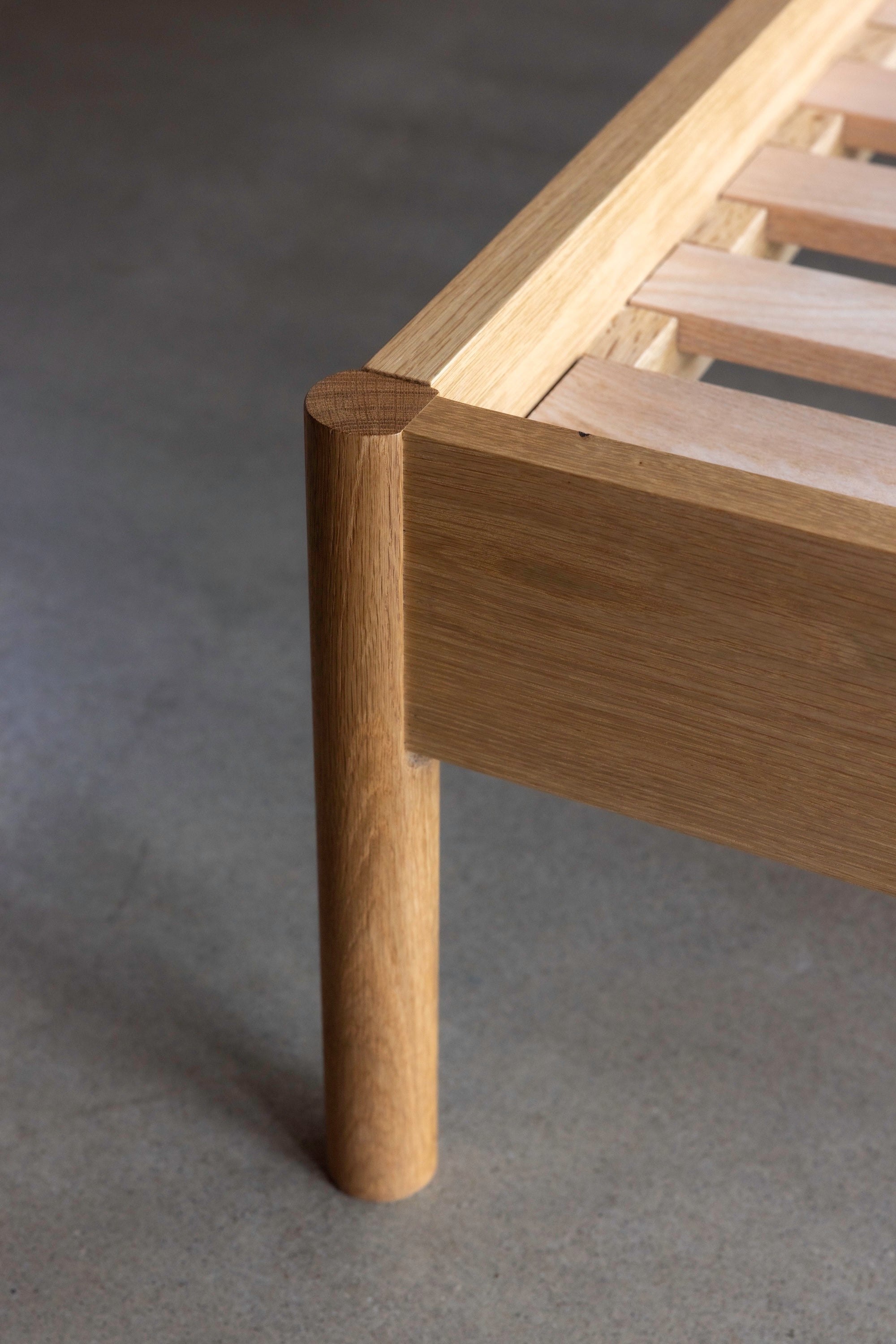 Joinery details of the side rail and footboard legs on the Chamberlain Bed