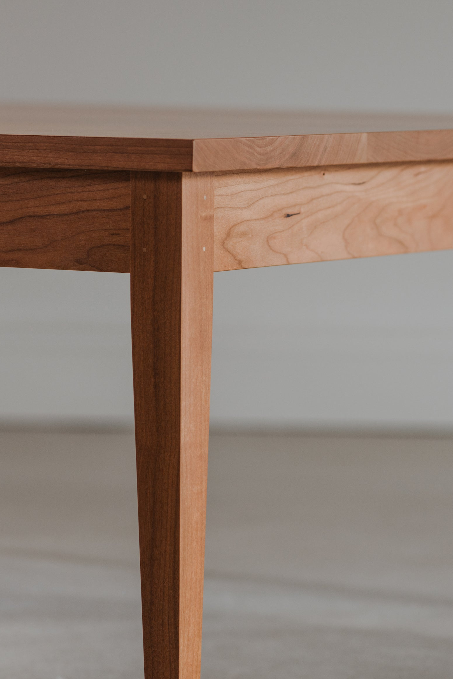 Details of maple pins in traditional joinery on Shaker Heirloom Square Coffee Table