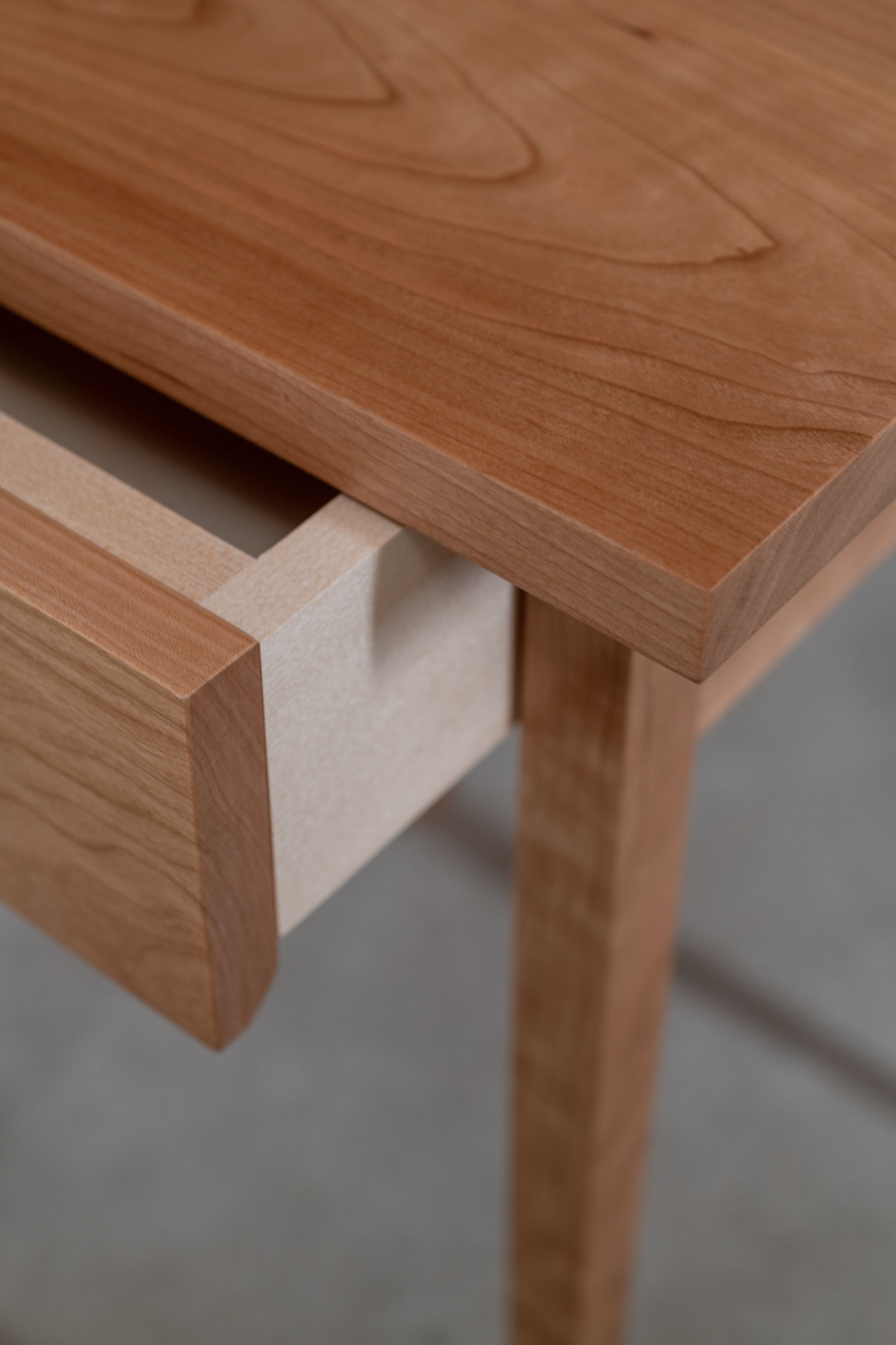 Details of the drawer on the Shaker Heirloom Side Table in cherry from Chilton Furniture