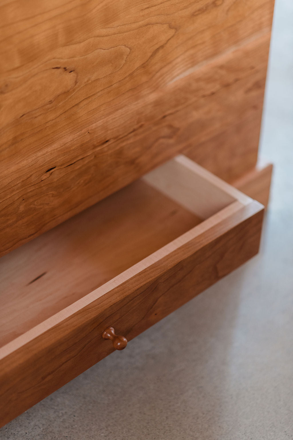 Blanket Chest in cherry wood with open drawer from Chilton Furniture of Maine