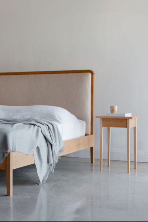 Dune Upholstered Bed and Shaker Heirloom Side Table in white oak from Chilton Furniture in Maine