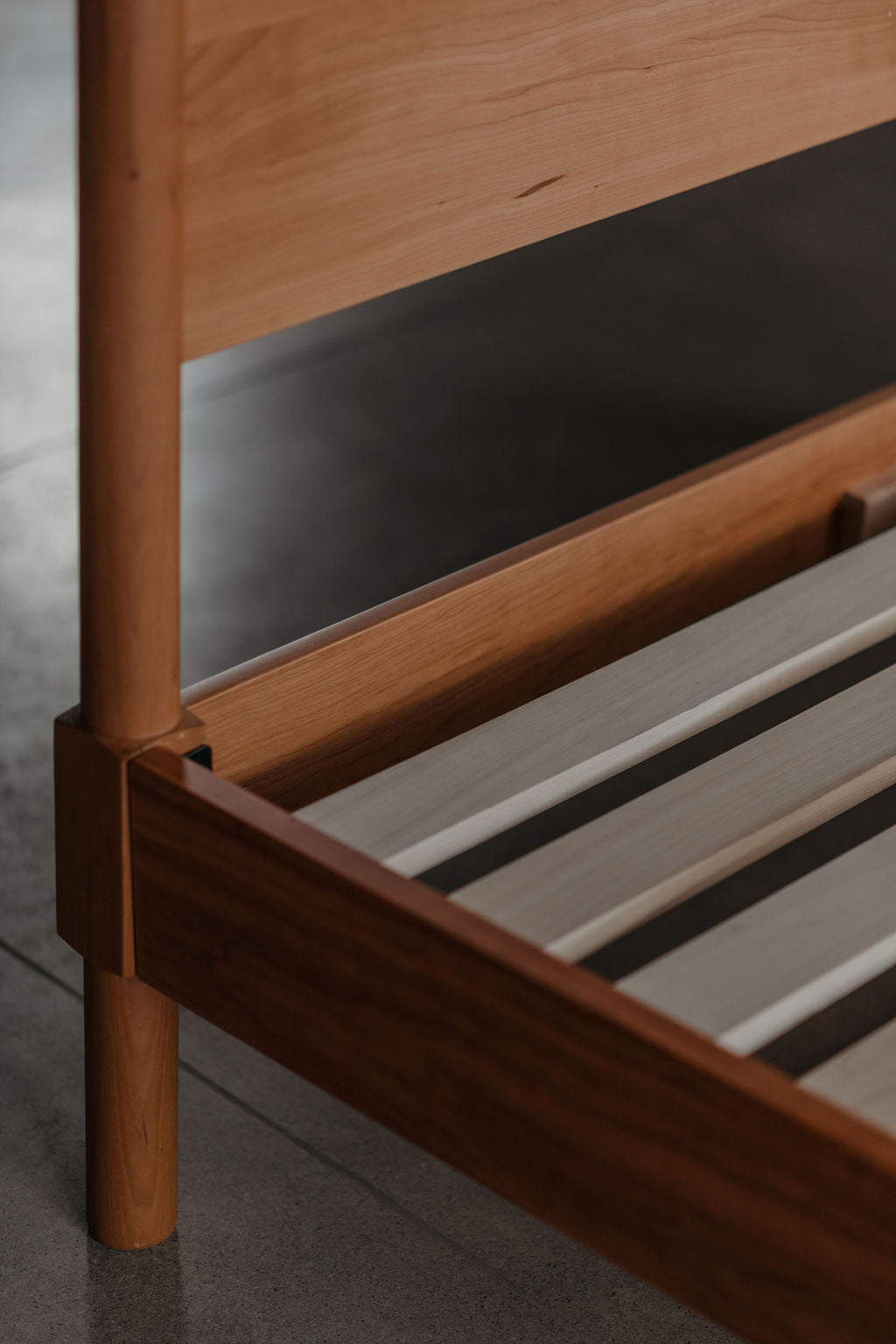 Details of slats and headboard of wooden MS1 Bed frame
