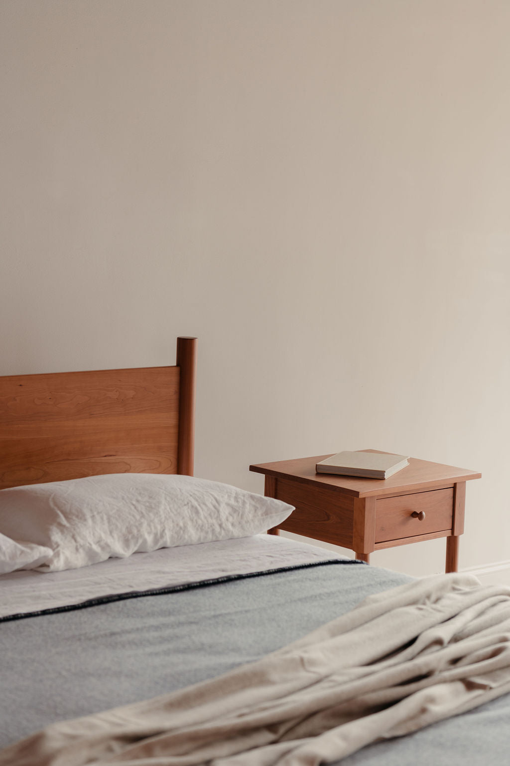 Modern Shaker style MS1 nightstand and bed from Chilton Furniture in solid cherry wood