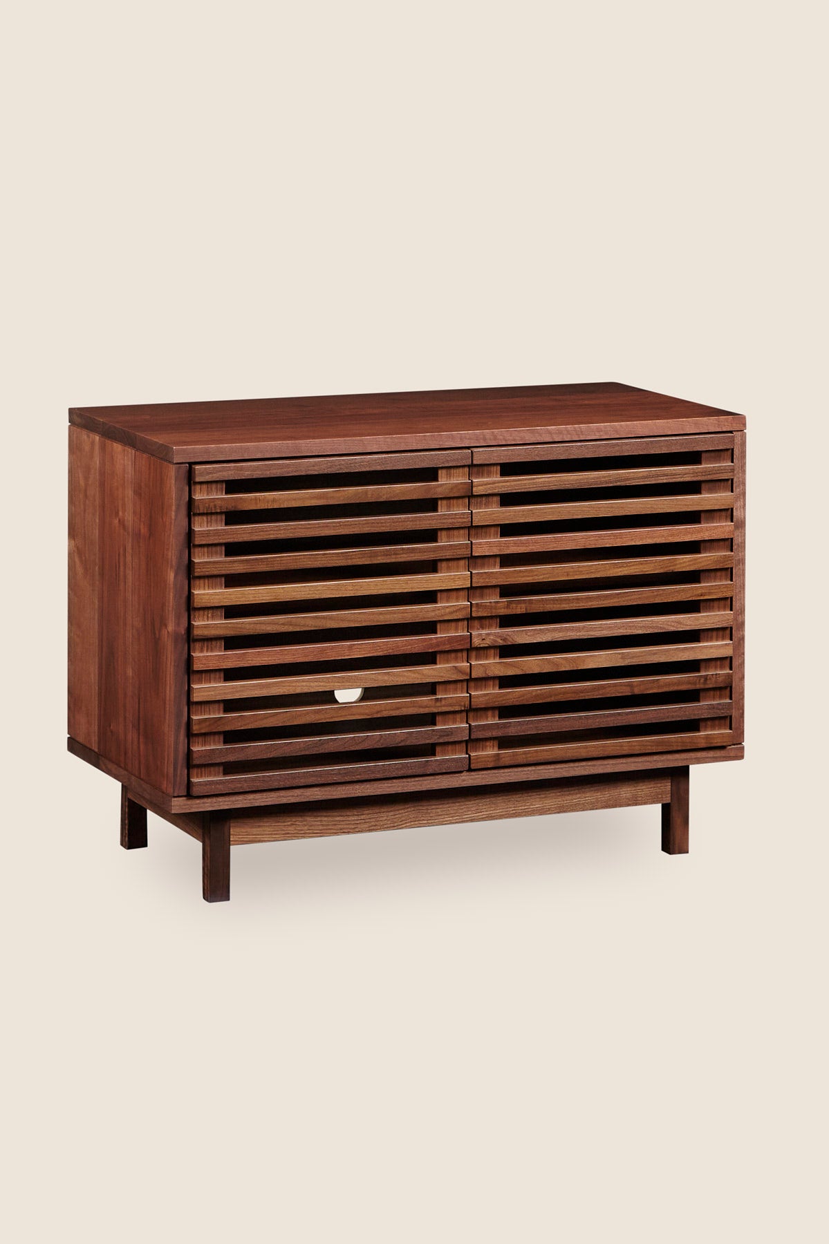 Modern slatted media stand from Chilton Furniture in small size and walnut wood