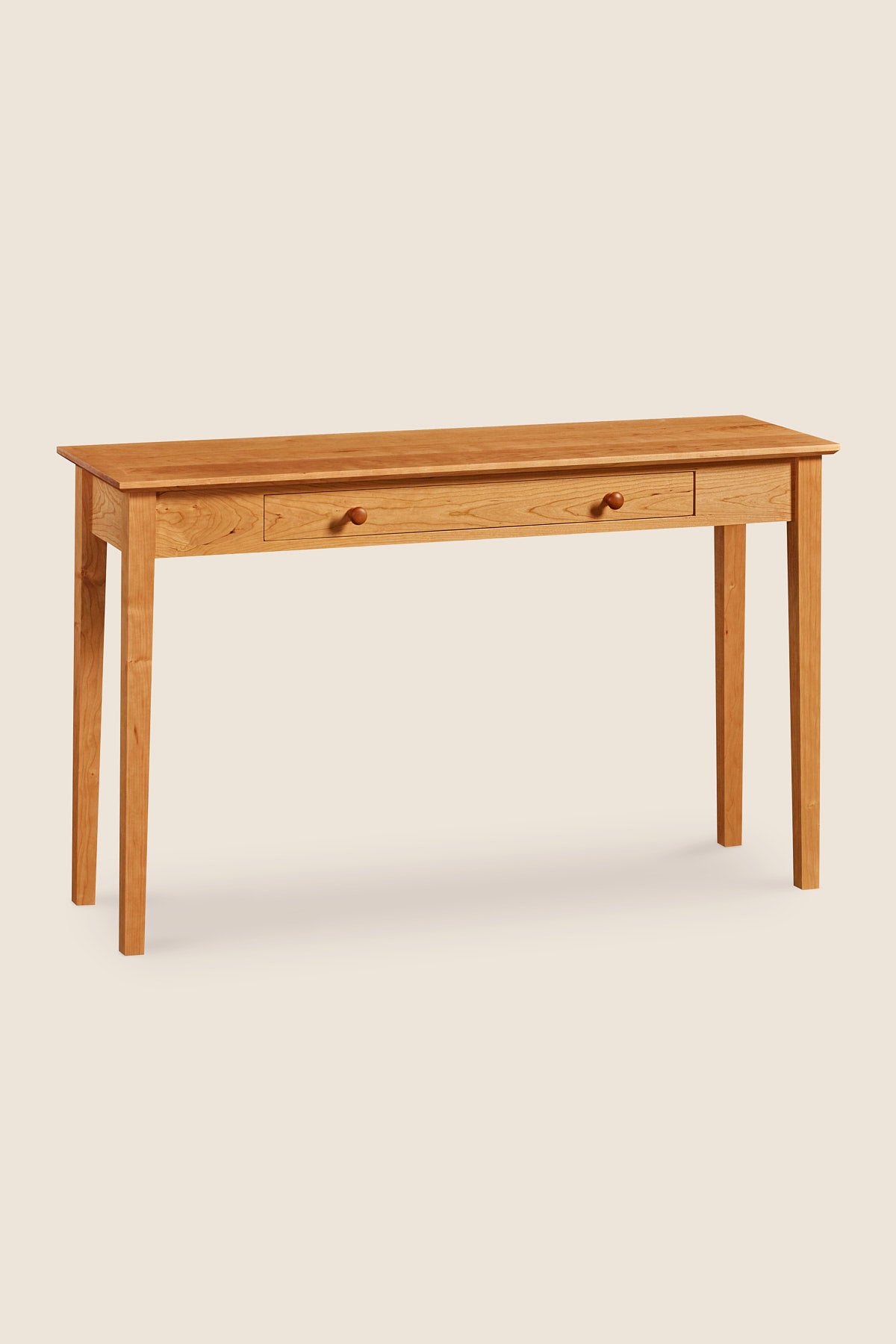 Wide and thin Shaker Sofa Table, built in cherry with one drawer and square tapered legs, from Maine's Chilton Furniture Co.