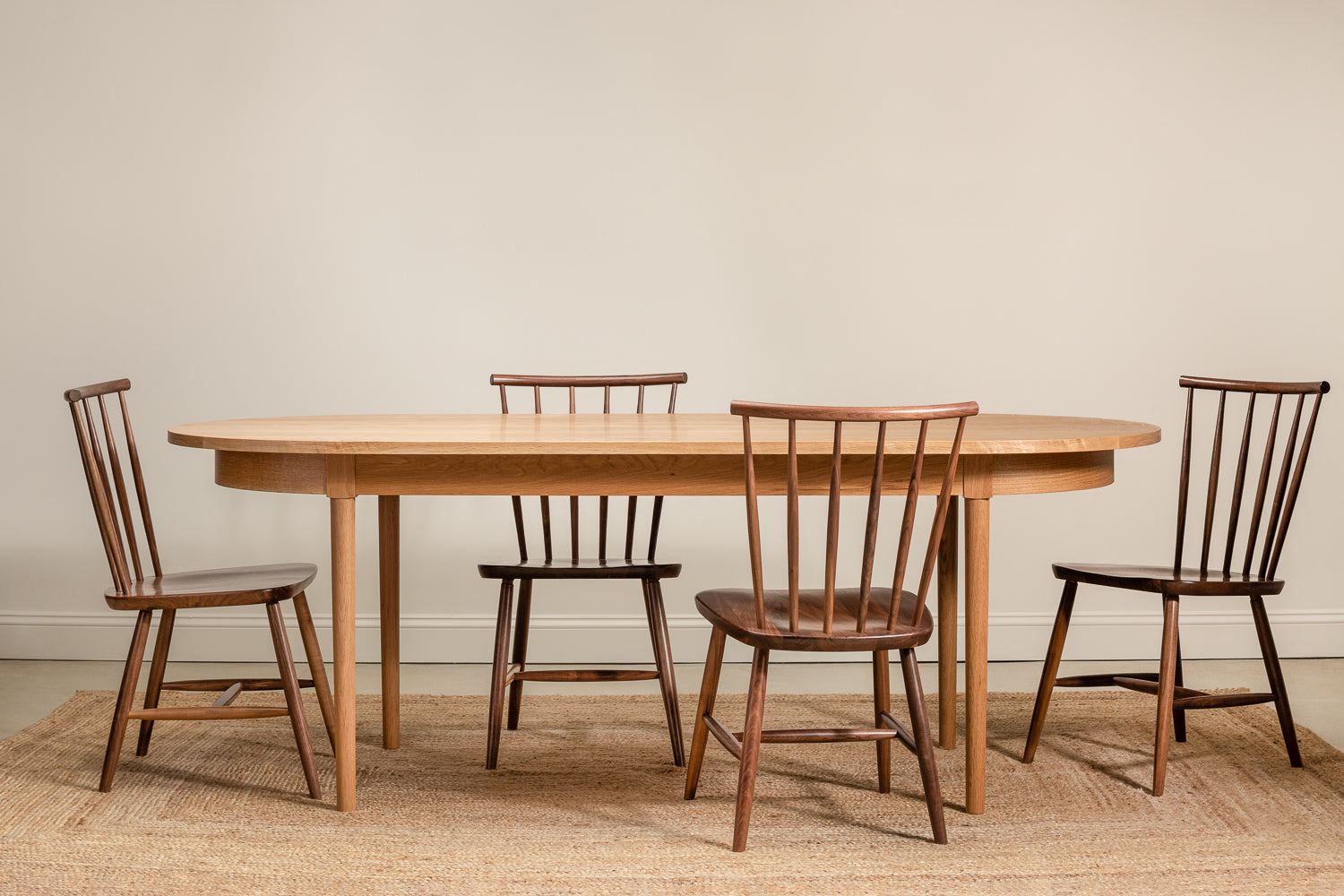 Walnut Concord chairs around white oak Highland Table from Chilton Furniture Co.