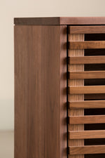 Details of slats and edging on modern walnut Upland Media Stand from Chilton Furniture of Maine