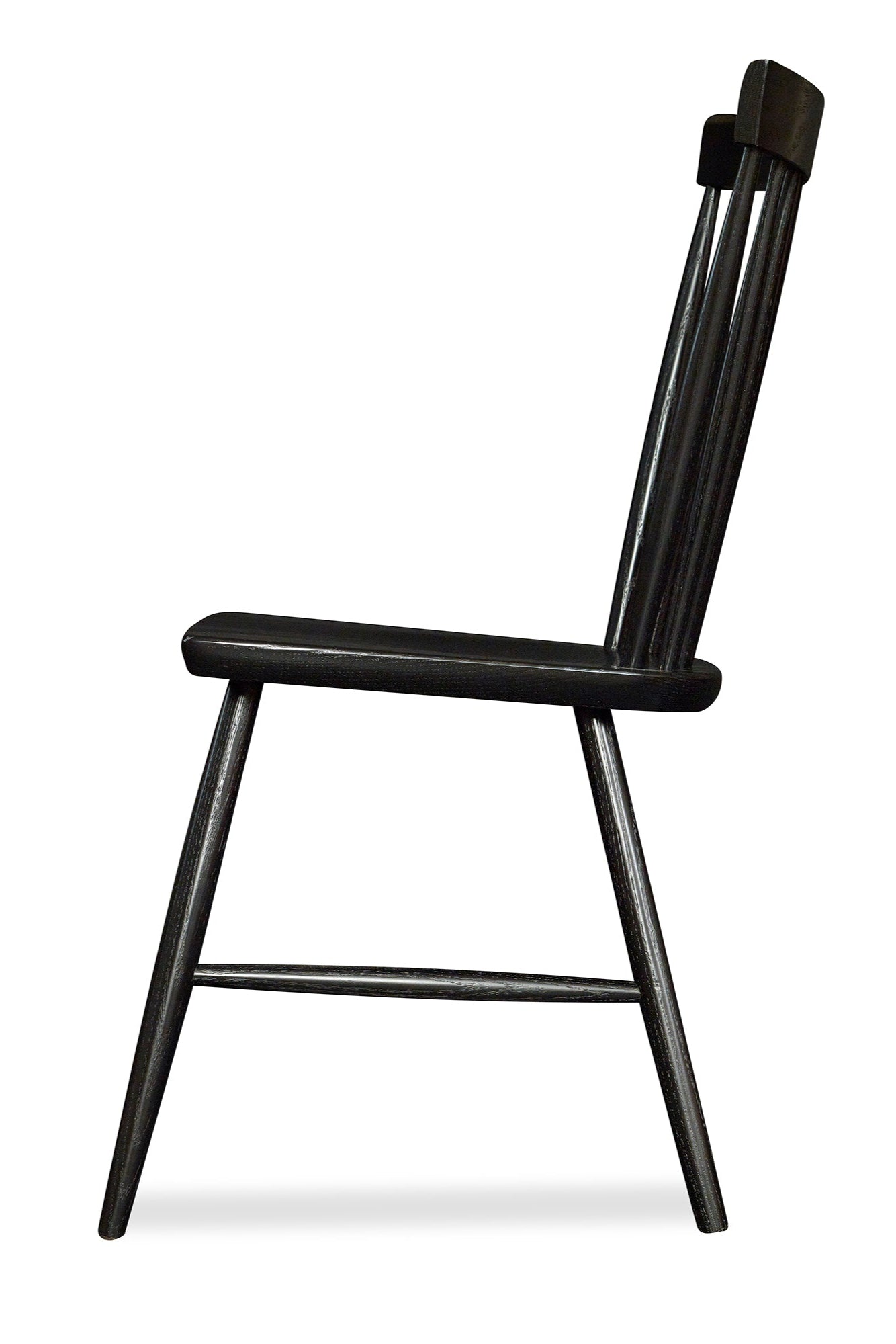 Side view of spindle style dining chair in red oak wood painted black from Chilton Furniture