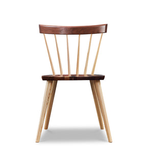 Modern Windsor inspired spindle chair with curved back in walnut and ash