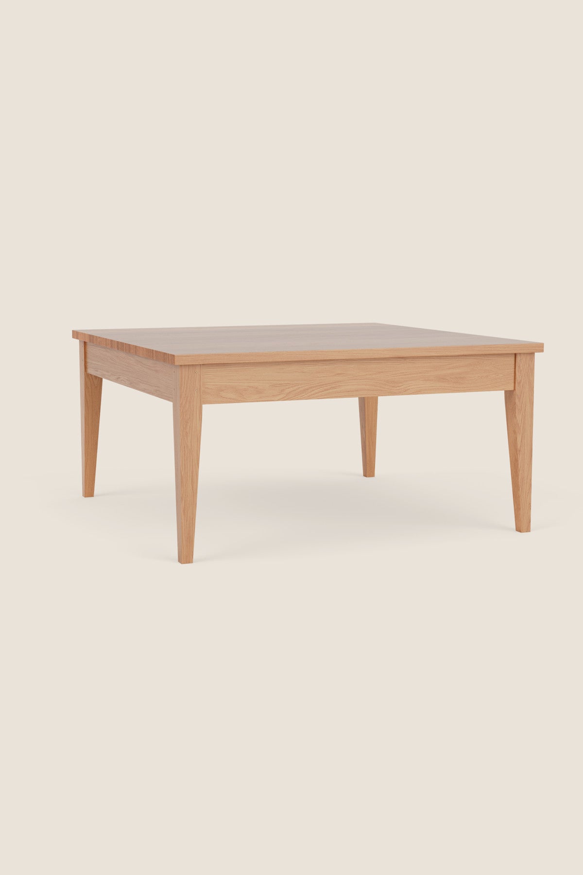 Simple Shaker style square coffee table in white oak on beige background