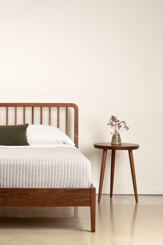 Bedroom with Mysa nightstand and Dune bed in walnut