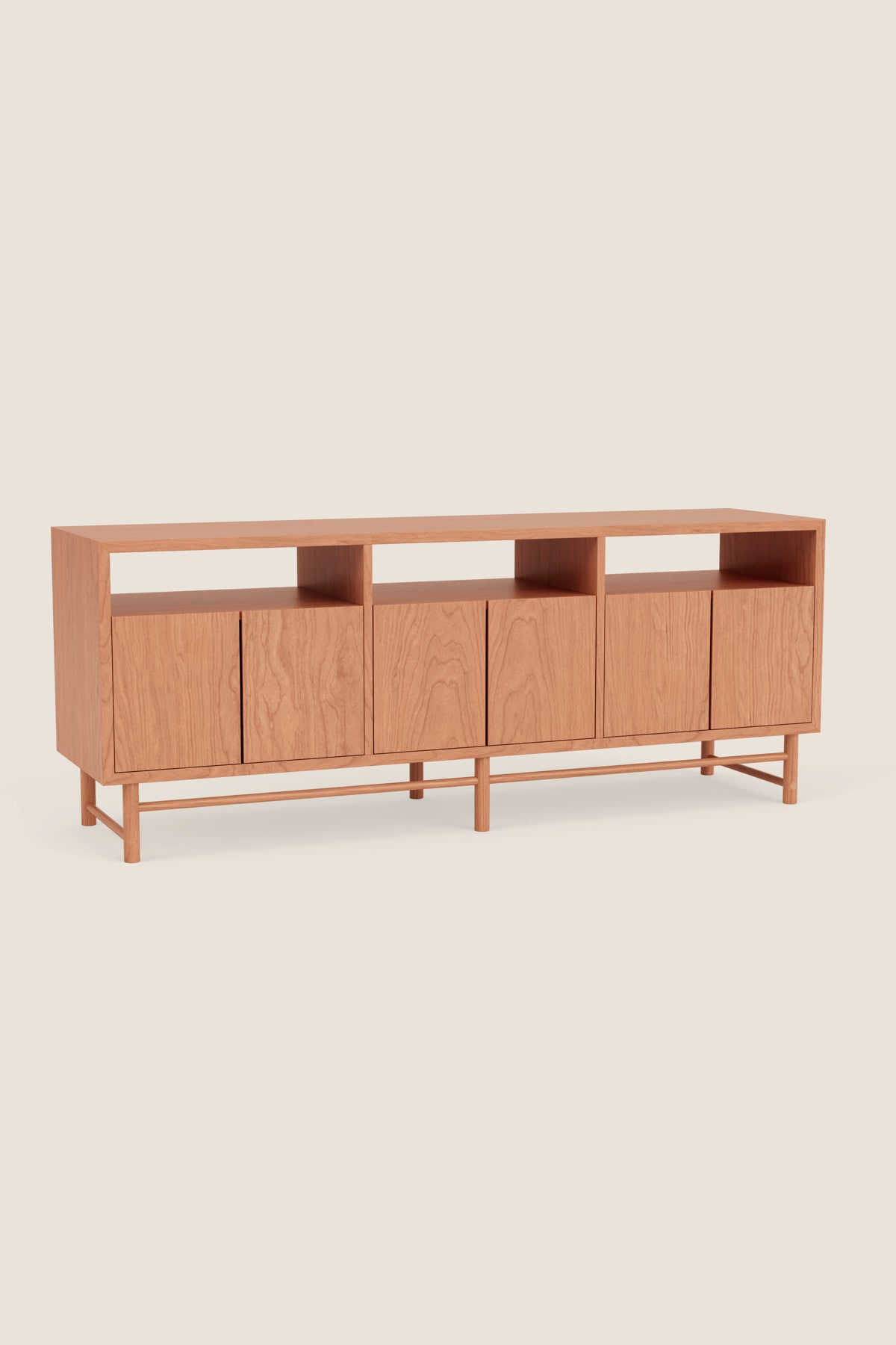 Mid-century modern Navarend media case in solid cherry wood with round legs and stretchers and six doors with storage space