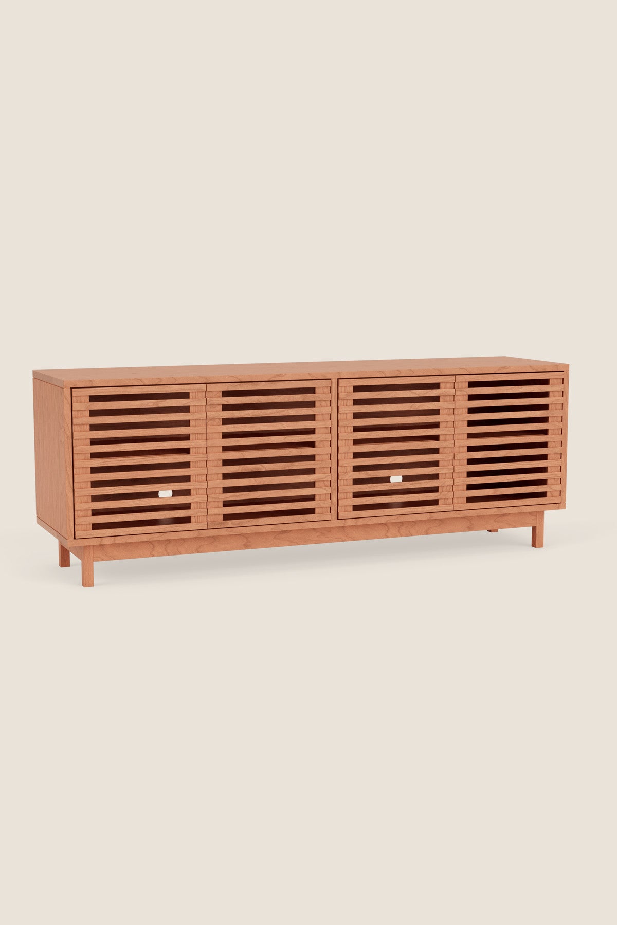 Modern slatted media stand from Mazhil & Co. in large size and cherry wood