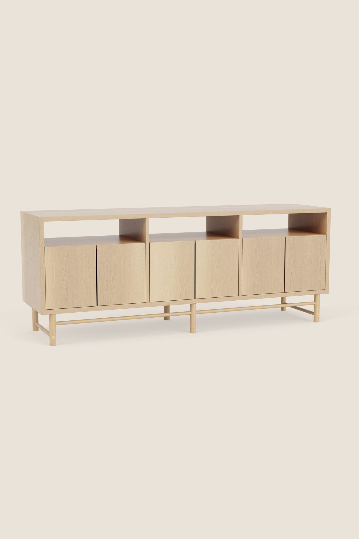 Mid-century modern Navarend media case in solid maple wood with round legs and stretchers and six doors with storage space