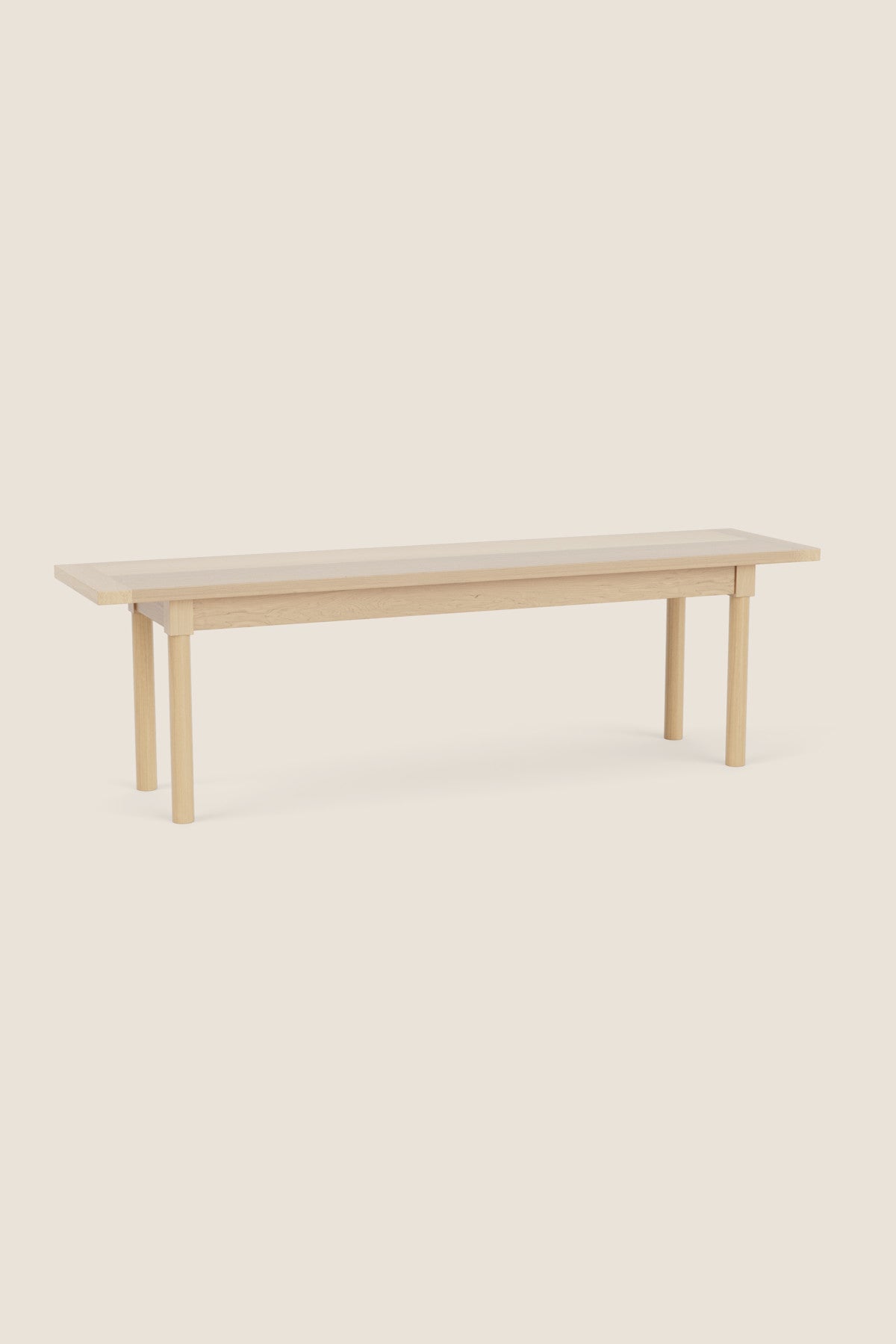Modern Revelry bench with straight turned legs and breadboard ends, built in solid maple
