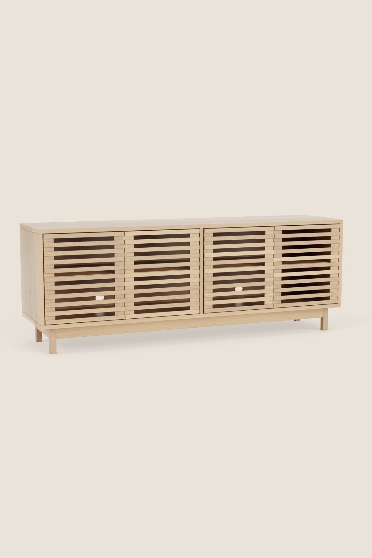 Modern slatted media stand from Mazhil & Co. in large size and maple wood