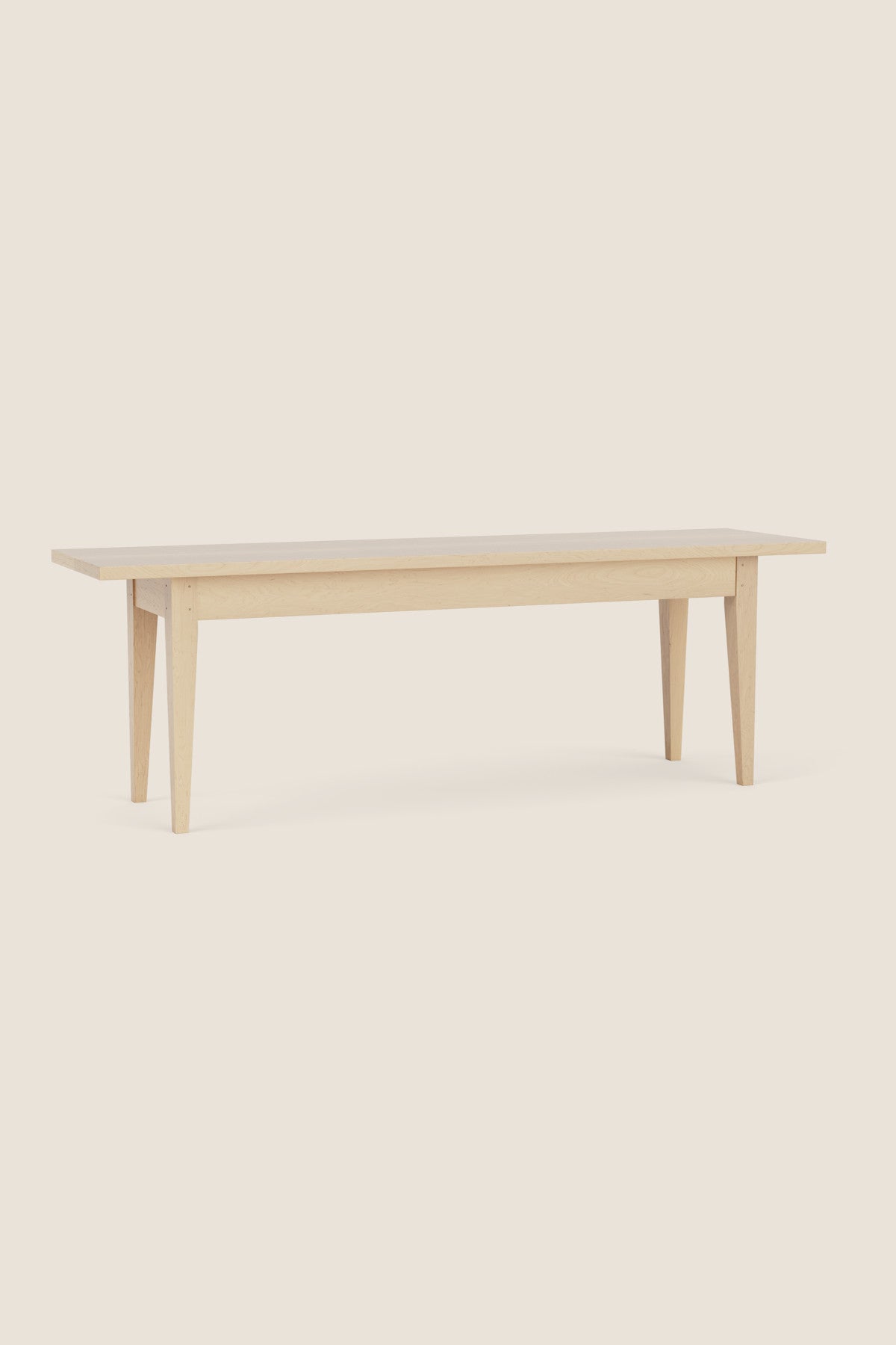 Traditional Shaker style bench with large overhangs in maple wood