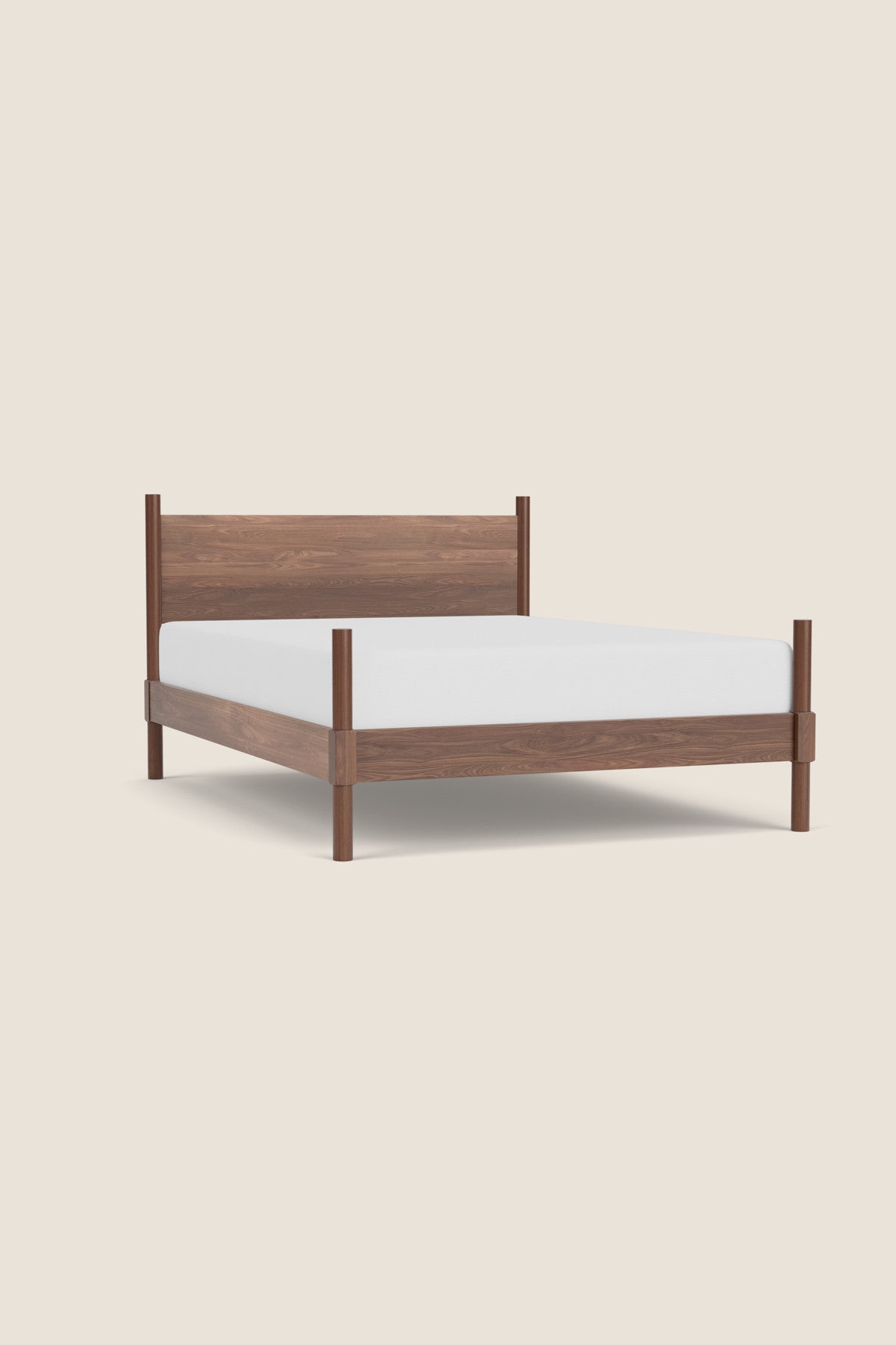 Walnut wood MS1 Bed with round headboard and footboard posts on traditional Shaker style bed with white mattress