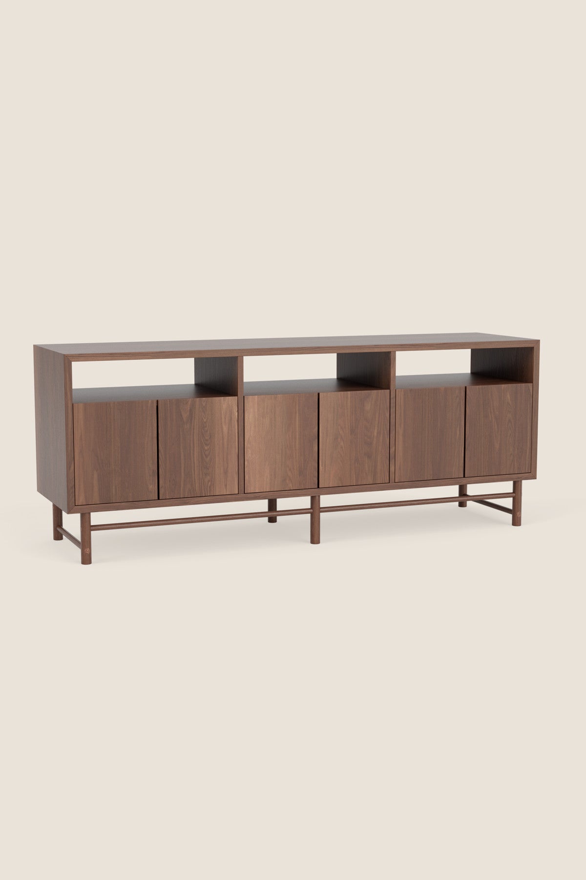 Mid-century modern Navarend media case in solid walnut wood with round legs and stretchers and six doors with storage space