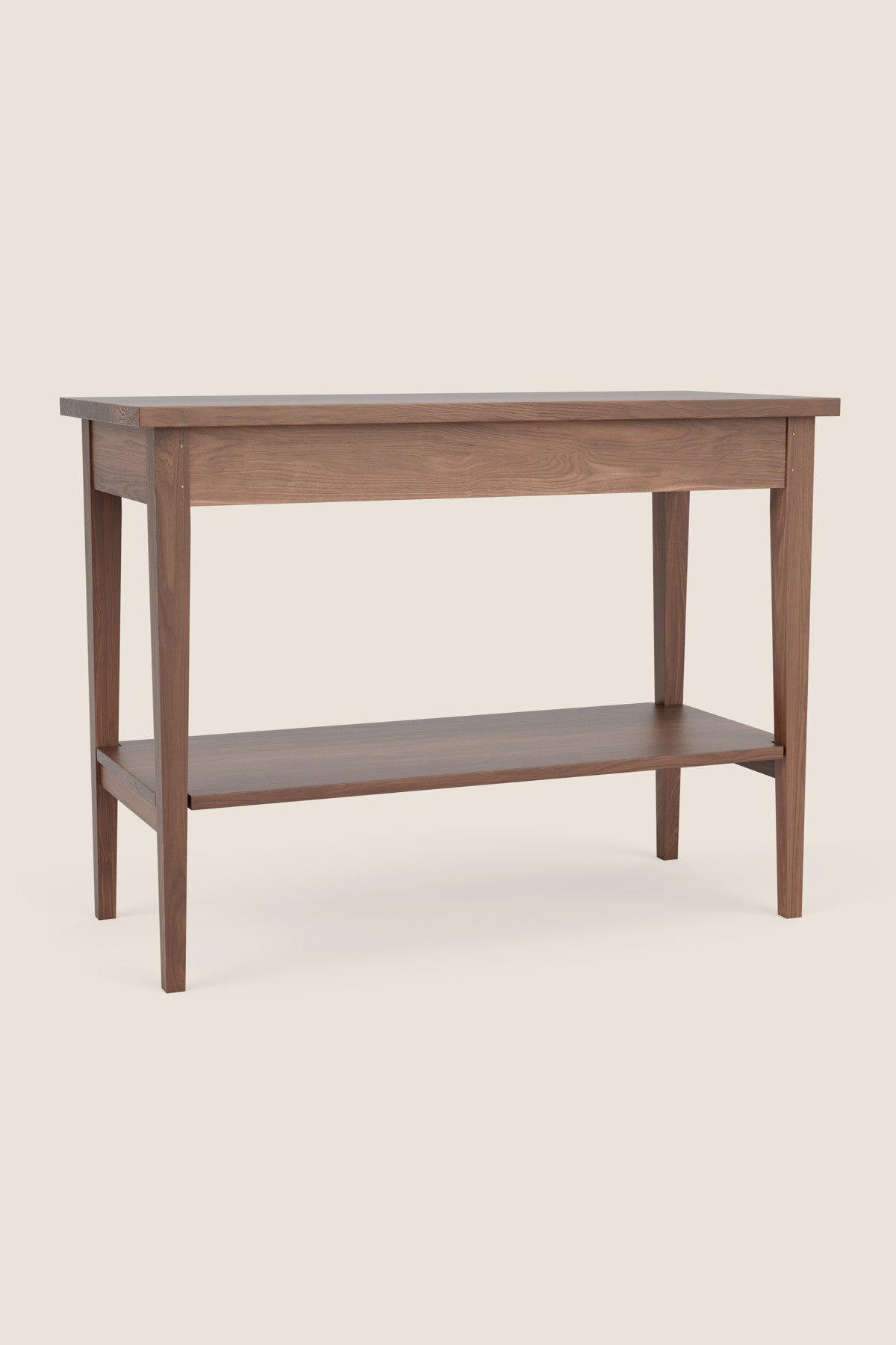 Shaker Heirloom Console Table with a shelf in walnut on a beige background