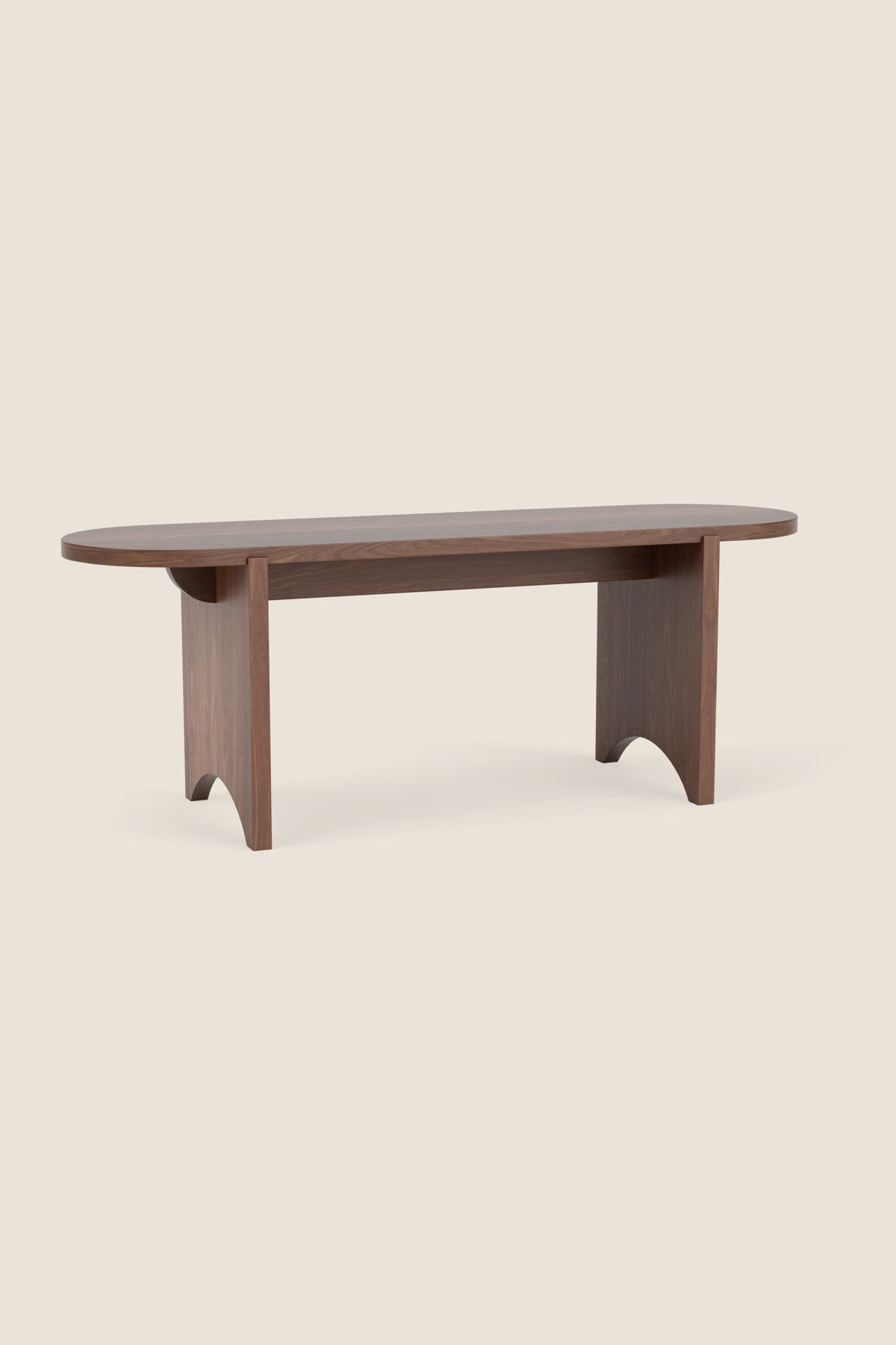 Modern walnut bench with rounded edges and legs from Mazhil & Co. in Arkansas