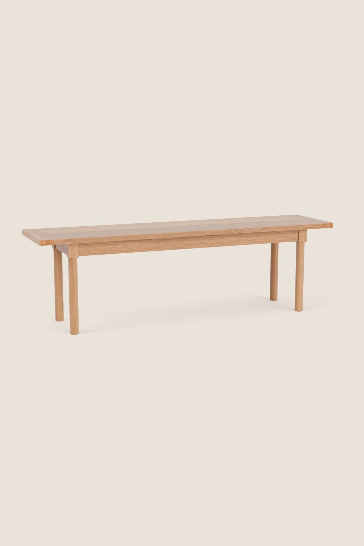 Modern Revelry bench with straight turned legs and breadboard ends, built in solid white oak
