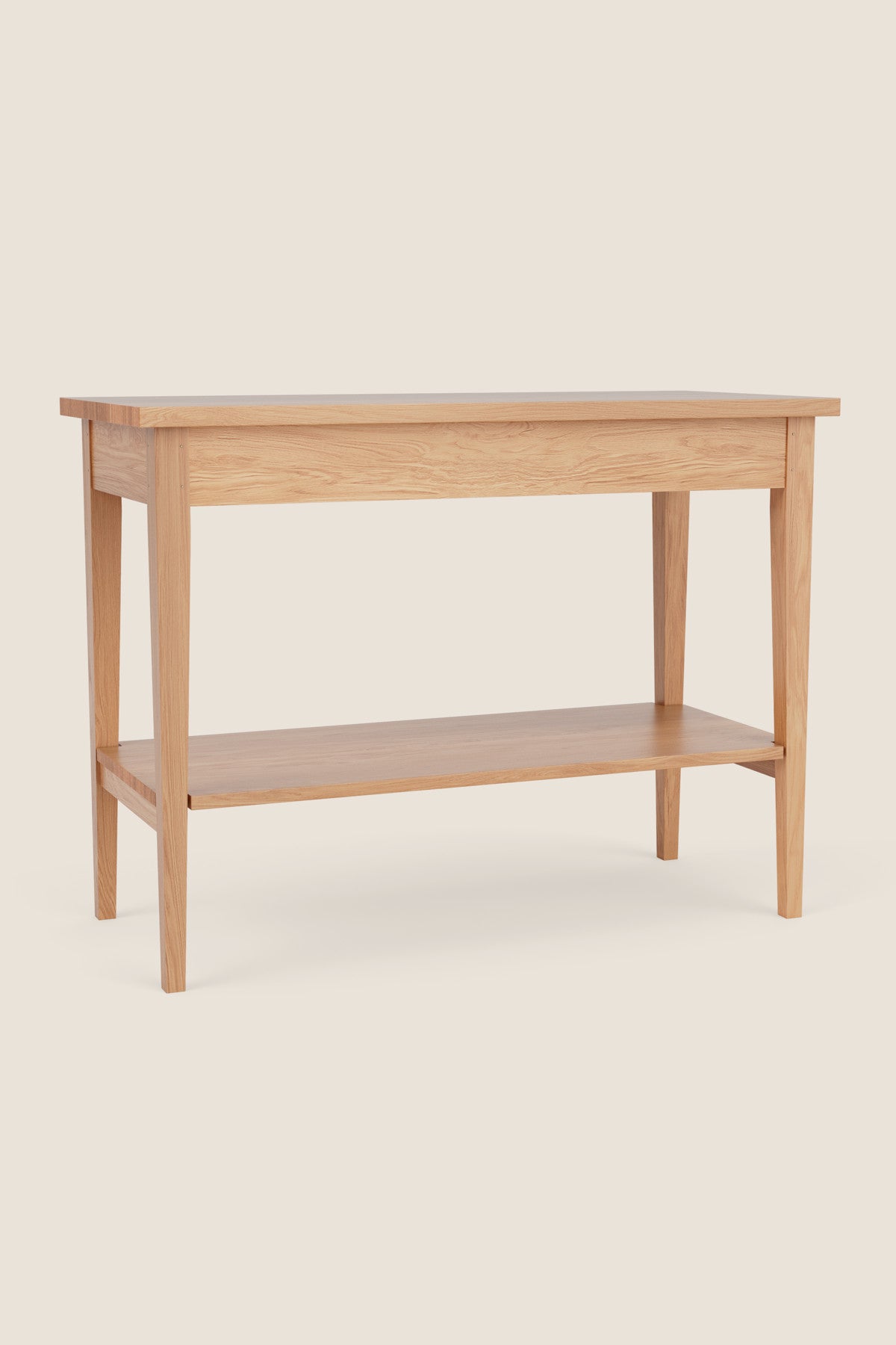 Shaker Heirloom Console Table with a shelf in white oak on a beige background
