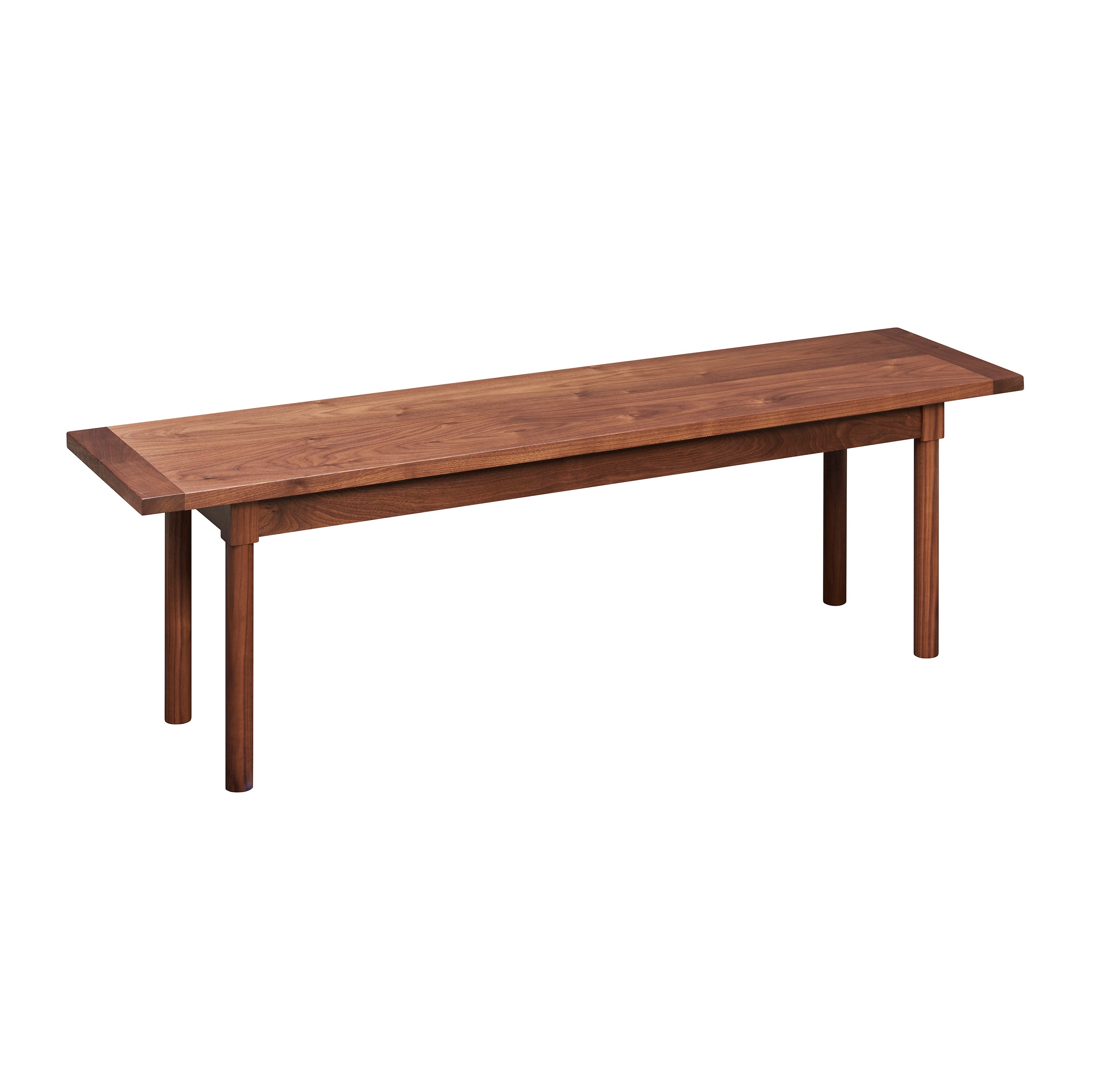 Modern Revelry bench with straight turned legs and breadboard ends, built in solid walnut wood