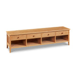 Shaker style storage bench with four drawers and cubby spaces in cherry wood