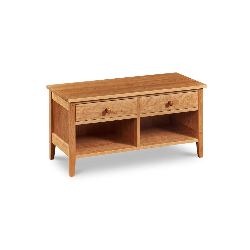 Shaker style storage bench with two drawers and cubby spaces in cherry wood