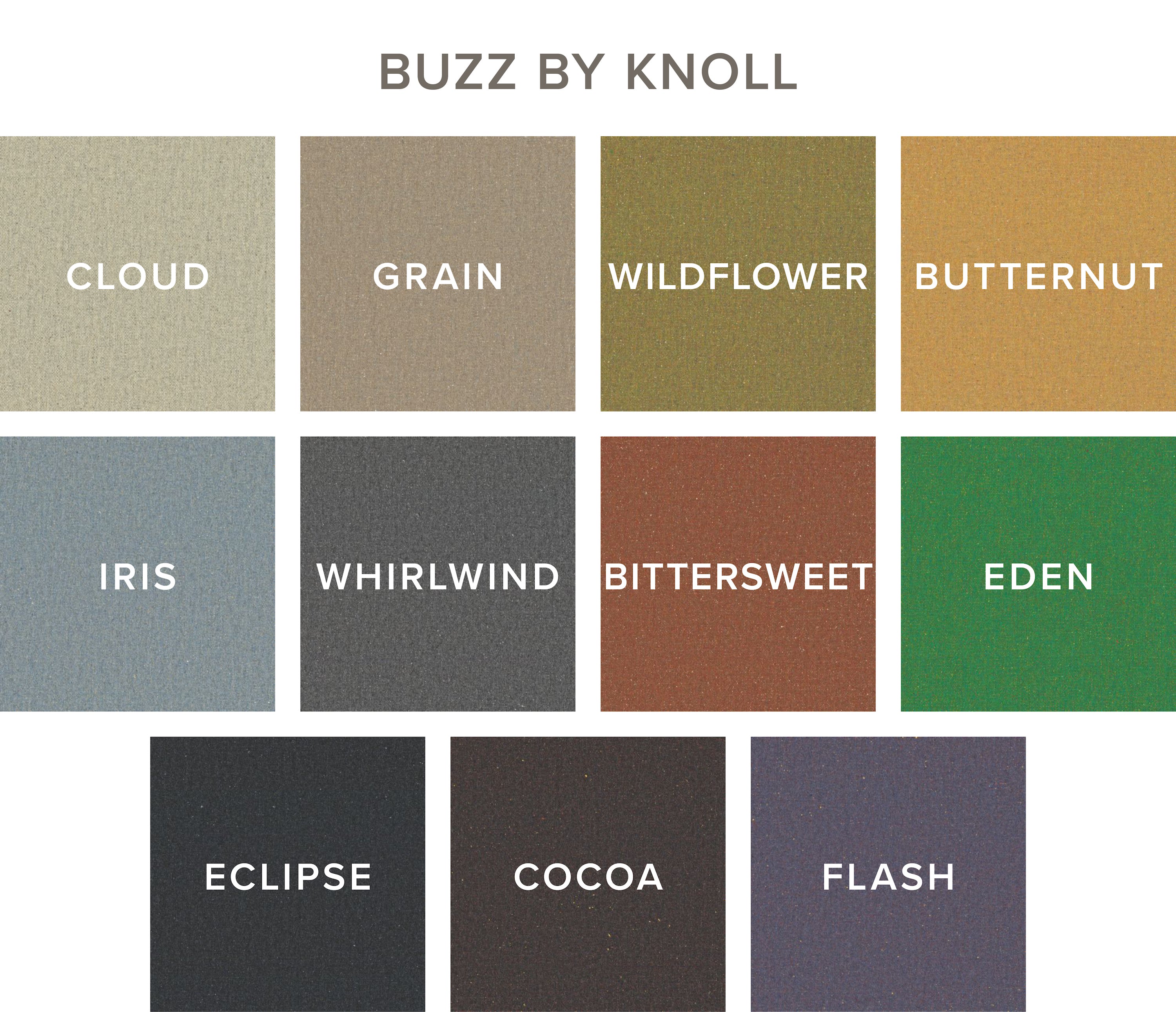 12 color swatches of Knoll Buzz fabric options for Chilton Furniture's Nautilus Lounge Chair