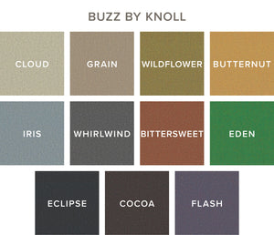 11 color swatches of Knoll Buzz fabric options for Chilton Furniture's Nautilus Lounge Chair
