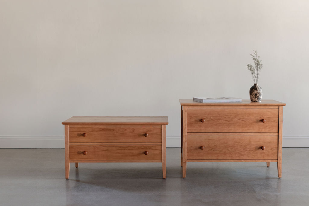 Two Shaker Two-Drawer bedroom storage chests with modern decor 