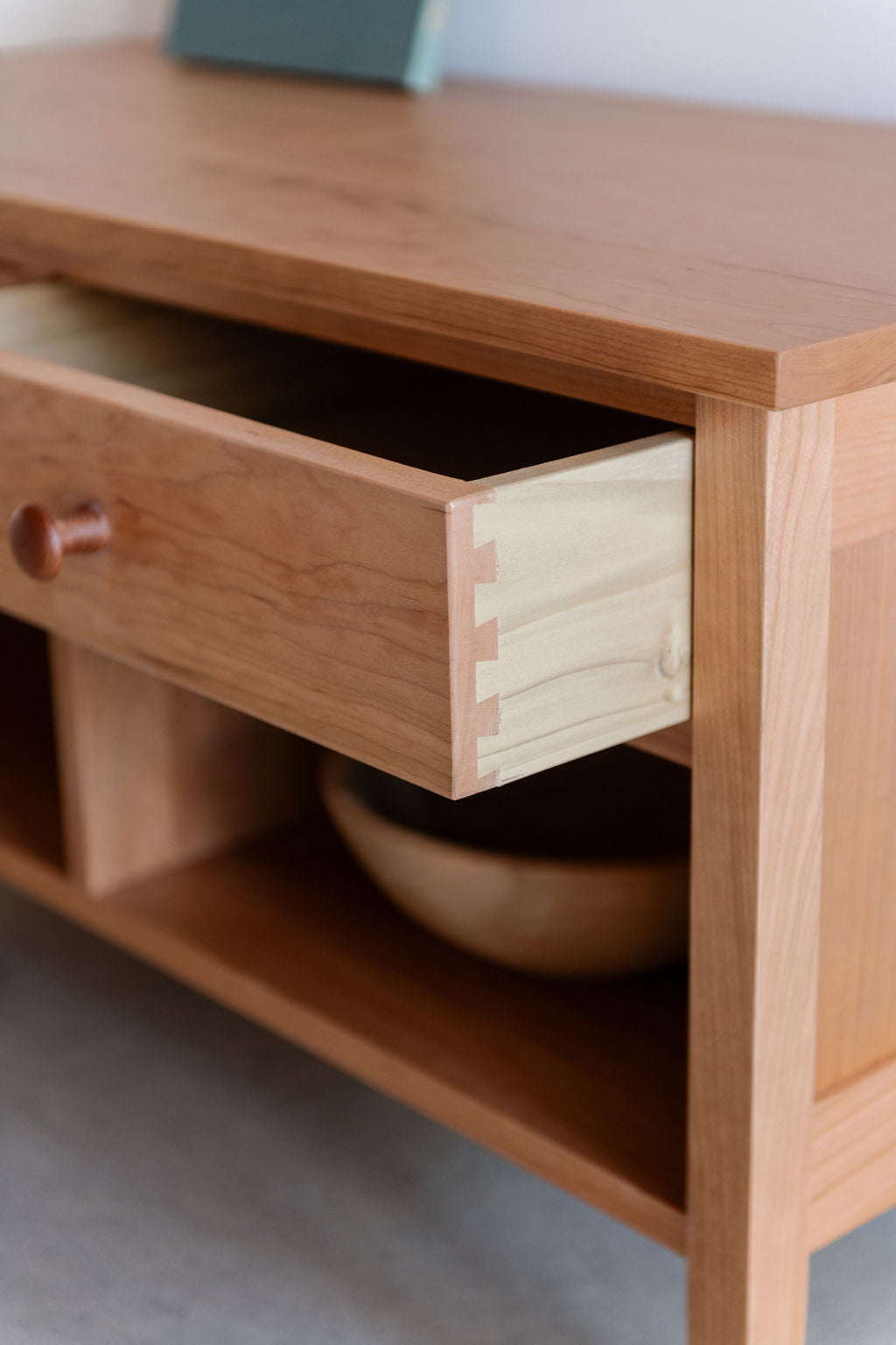 Drawer details on cherry Shaker style Storage Bench